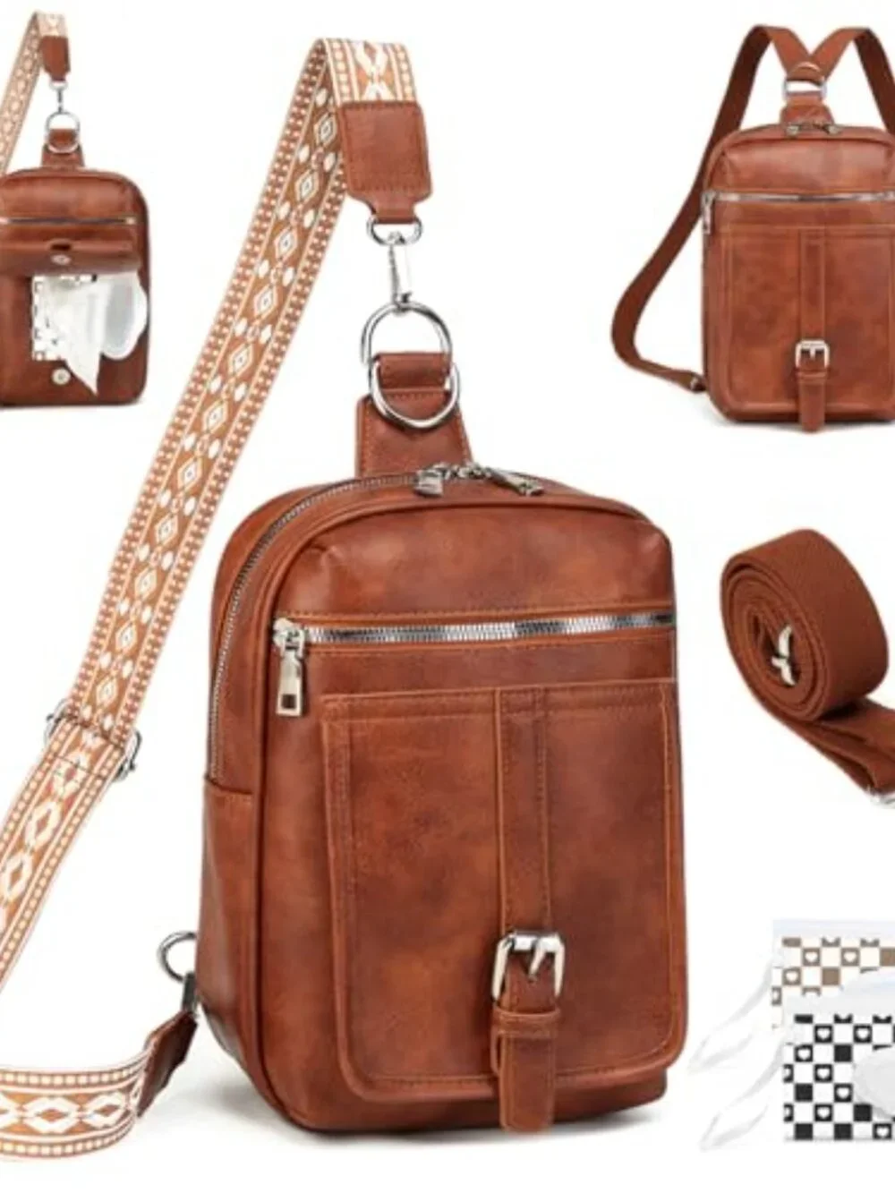 Mini Diaper Bag Crossbody Sling Purse 2-in-1 Leather Backpack with 2 Straps